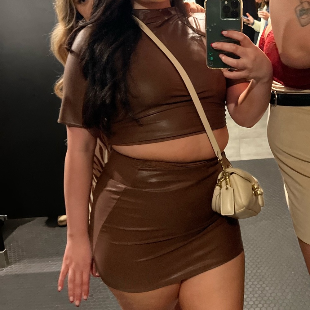 Brown Faux Leather Two-Piece Set